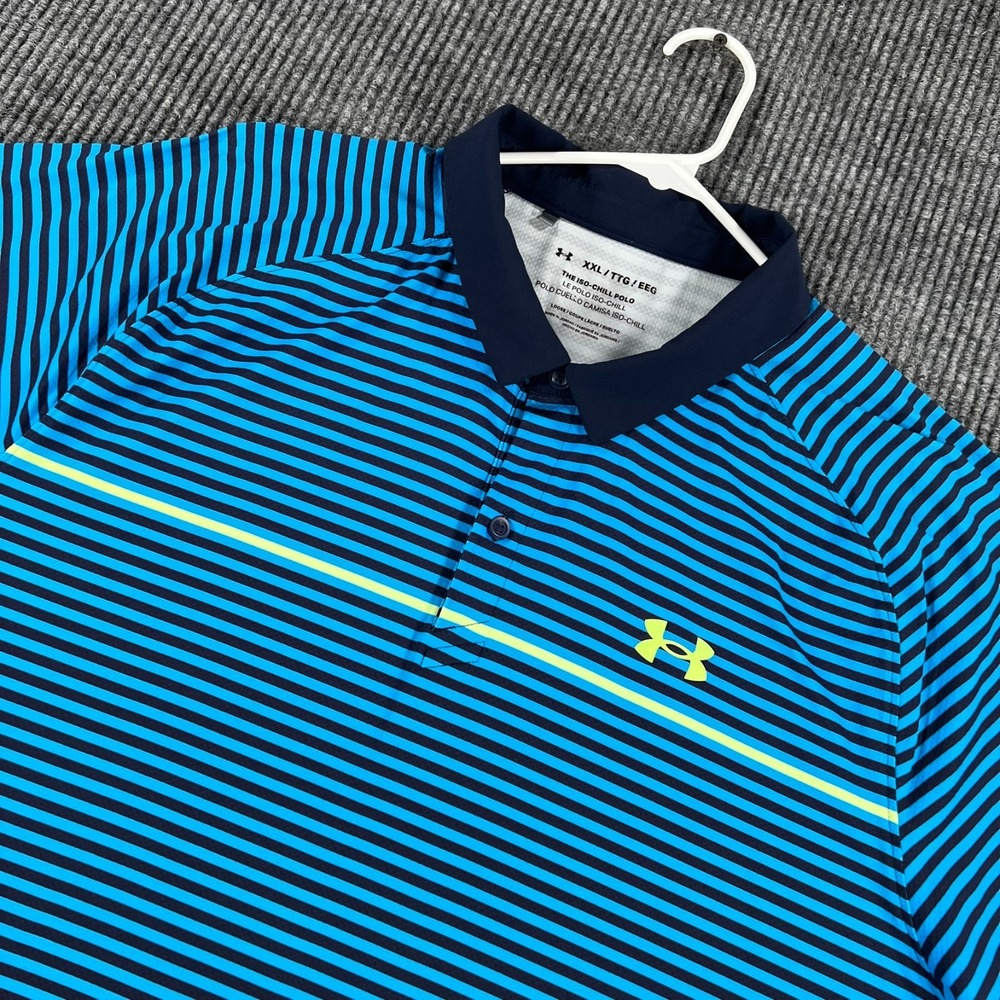Under Armour Iso Chill Polo Shirt Mens 2XL XXL Blue Striped Short Sleeve Golf